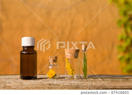 Spa set with, essential oils in bottles, herbs and flower. Space for your text 87418603