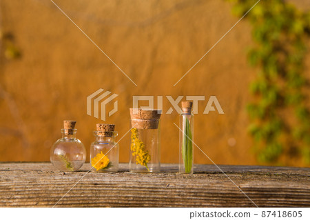 Bottle with fresh herbs on a yellow background with a place for text Bottle with fresh herbs on a yellow background with a place for text 87418605