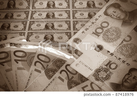 Dollar bills, yuan bills, euro bills 87418976
