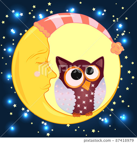 A sweet cartoon owl in a sleeping cap sits on drowsy crescent moon against the background of night sky with stars. 87418979