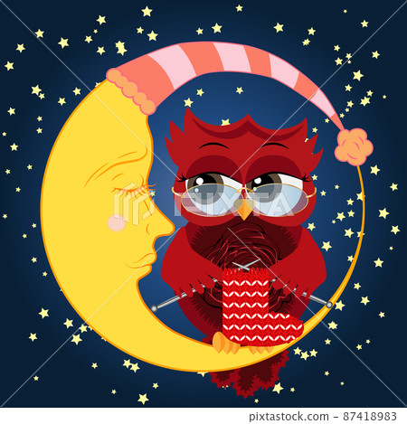 A sweet cartoon owl in a sleeping cap sits on drowsy crescent moon against the background of night sky with stars. A sweet cartoon owl in a sleeping cap sits on drowsy crescent moon against the background of night sky with stars. 87418983