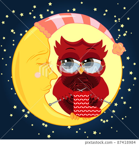 A sweet cartoon owl in a sleeping cap sits on drowsy crescent moon against the background of night sky with stars. A sweet cartoon owl in a sleeping cap sits on drowsy crescent moon against the background of night sky with stars. 87418984