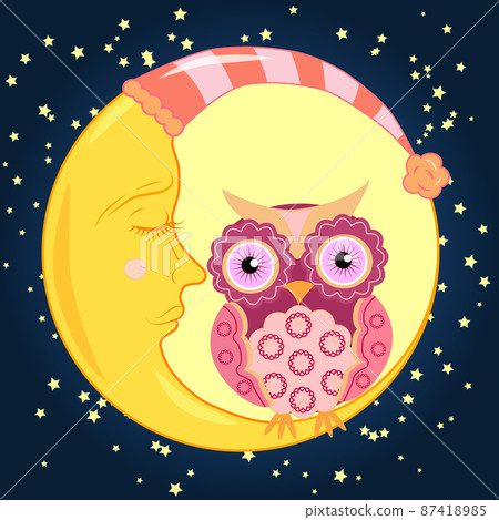 A sweet cartoon owl in a sleeping cap sits on drowsy crescent moon against the background of night sky with stars A sweet cartoon owl in a sleeping cap sits on drowsy crescent moon against the background of night sky with stars 87418985