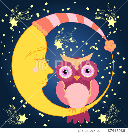 Cute cartoon pink owl in the bell for sleep sitting dormant on the crescent against the night sky with stars Cute cartoon pink owl in the bell for sleep sitting dormant on the crescent against the night sky with stars 87418986