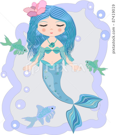Cartoon, cute little mermaid, sea princess, siren, with blue hair, closed eyes and forked tail 87419019