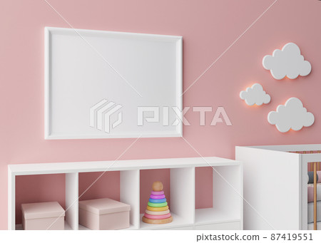 Empty white picture frame on pink wall in modern child room. Mock up interior in scandinavian style. Free, copy space for your picture. Sideboard, bed, toys. Cozy room for kids. 3D rendering. 87419551