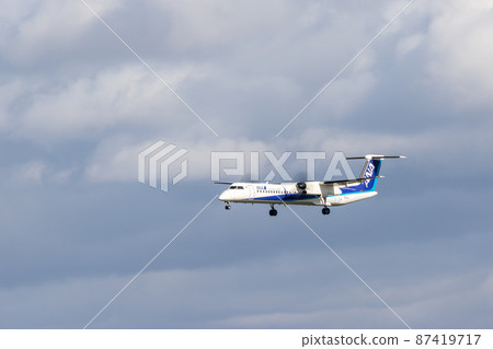 Passenger plane, ANA, Bombardier landing at Osaka Airport soon 87419717