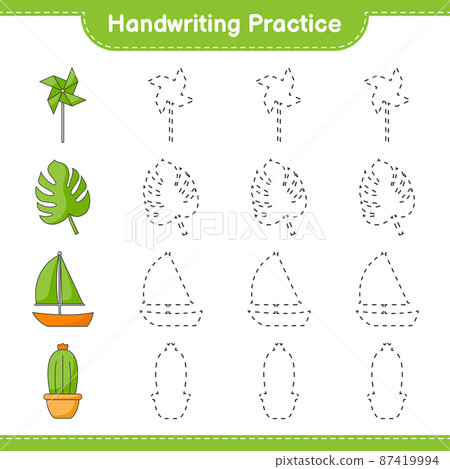 Handwriting practice. Tracing lines of Pinwheels, Cactus, Monstera, and Sailboat. Educational children game, printable worksheet, vector illustration Handwriting practice. Tracing lines of Pinwheels, Cactus, Monstera, and Sailboat. Educational children game, printable worksheet, vector illustration 87419994