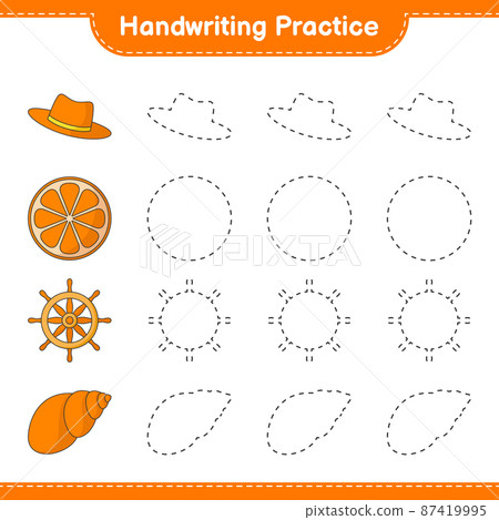 Handwriting practice. Tracing lines of Hat, Orange, Ship Steering, and Sea Shells. Educational children game, printable worksheet, vector illustration Handwriting practice. Tracing lines of Hat, Orange, Ship Steering, and Sea Shells. Educational children game, printable worksheet, vector illustration 87419995
