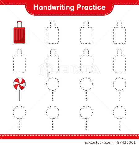 Handwriting practice. Tracing lines of Candy and Travel Bag. Educational children game, printable worksheet, vector illustration 87420001