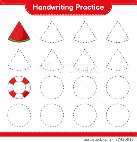 Handwriting practice. Tracing lines of Watermelon and Lifebuoy. Educational children game, printable worksheet, vector illustration Handwriting practice. Tracing lines of Watermelon and Lifebuoy. Educational children game, printable worksheet, vector illustration 87420012
