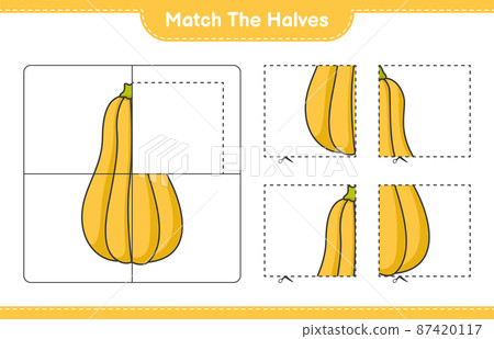 Match the halves. Match halves of Butternut Squash. Educational children game, printable worksheet, vector illustration 87420117
