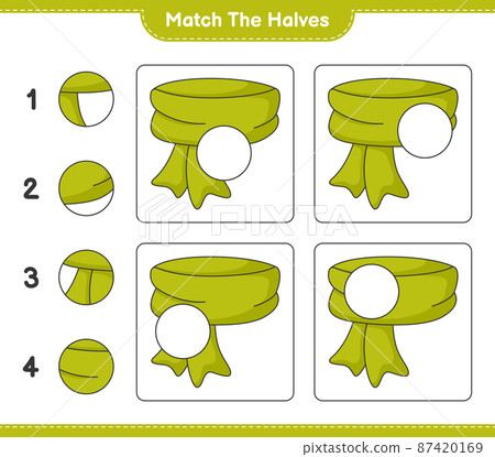 Match the halves. Match halves of Scarf. Educational children game, printable worksheet, vector illustration Match the halves. Match halves of Scarf. Educational children game, printable worksheet, vector illustration 87420169