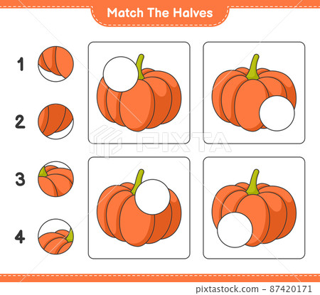 Match the halves. Match halves of Pumpkin. Educational children game, printable worksheet, vector illustration Match the halves. Match halves of Pumpkin. Educational children game, printable worksheet, vector illustration 87420171