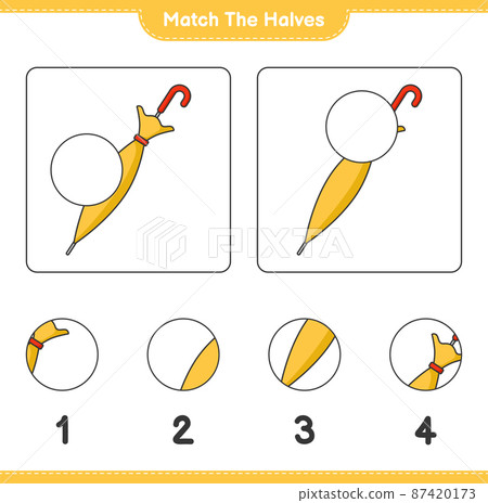 Match the halves. Match halves of Umbrella. Educational children game, printable worksheet, vector illustration Match the halves. Match halves of Umbrella. Educational children game, printable worksheet, vector illustration 87420173