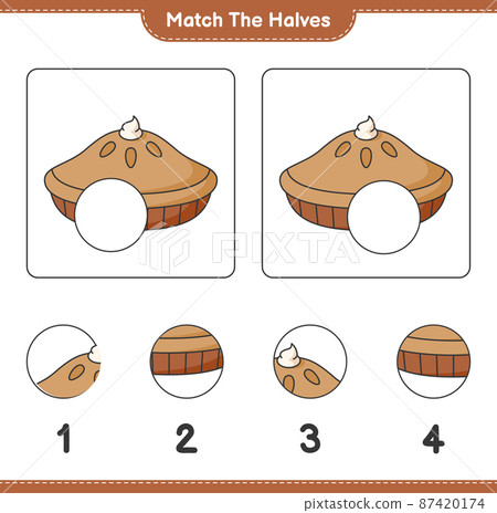 Match the halves. Match halves of Pie. Educational children game, printable worksheet, vector illustration 87420174