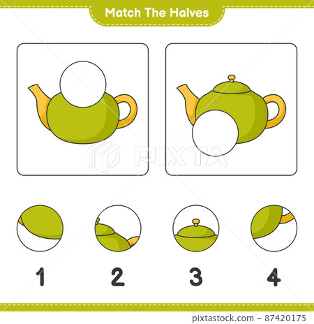 Match the halves. Match halves of Teapot. Educational children game, printable worksheet, vector illustration Match the halves. Match halves of Teapot. Educational children game, printable worksheet, vector illustration 87420175