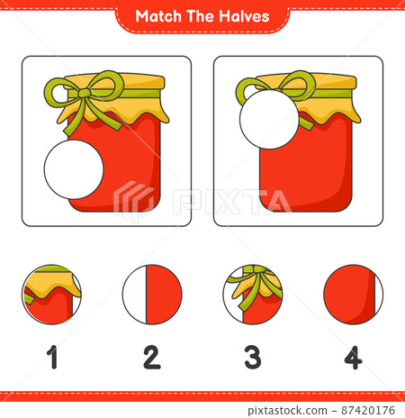 Match the halves. Match halves of Jam. Educational children game, printable worksheet, vector illustration Match the halves. Match halves of Jam. Educational children game, printable worksheet, vector illustration 87420176
