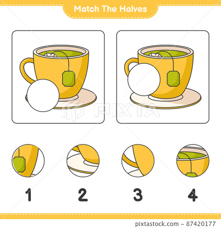 Match the halves. Match halves of Tea Cup. Educational children game, printable worksheet, vector illustration Match the halves. Match halves of Tea Cup. Educational children game, printable worksheet, vector illustration 87420177