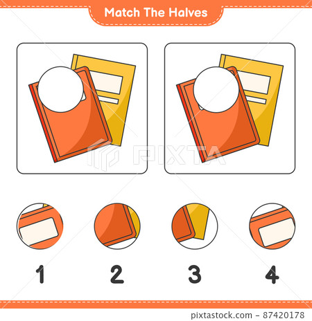Match the halves. Match halves of Book. Educational children game, printable worksheet, vector illustration Match the halves. Match halves of Book. Educational children game, printable worksheet, vector illustration 87420178