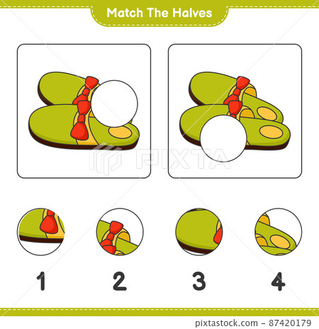 Match the halves. Match halves of Slippers. Educational children game, printable worksheet, vector illustration Match the halves. Match halves of Slippers. Educational children game, printable worksheet, vector illustration 87420179