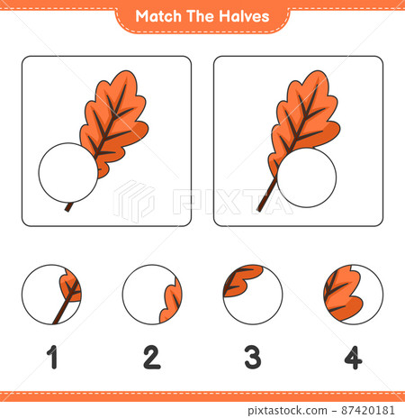 Match the halves. Match halves of Oak Leaf. Educational children game, printable worksheet, vector illustration Match the halves. Match halves of Oak Leaf. Educational children game, printable worksheet, vector illustration 87420181