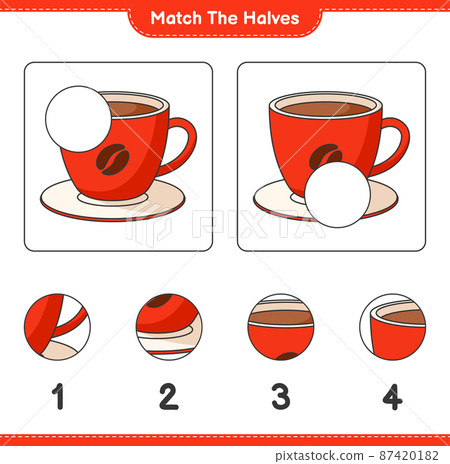 Match the halves. Match halves of Coffee Cup. Educational children game, printable worksheet, vector illustration Match the halves. Match halves of Coffee Cup. Educational children game, printable worksheet, vector illustration 87420182
