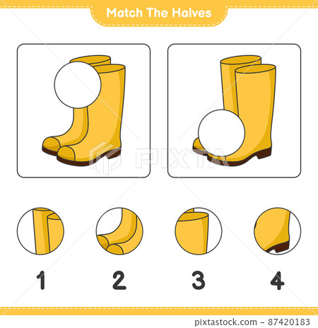 Match the halves. Match halves of Rubber Boots. Educational children game, printable worksheet, vector illustration Match the halves. Match halves of Rubber Boots. Educational children game, printable worksheet, vector illustration 87420183