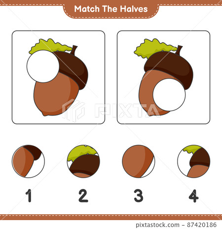 Match the halves. Match halves of Acorn. Educational children game, printable worksheet, vector illustration Match the halves. Match halves of Acorn. Educational children game, printable worksheet, vector illustration 87420186