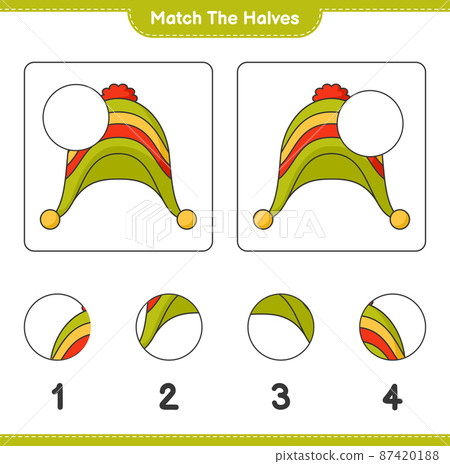 Match the halves. Match halves of Hat. Educational children game, printable worksheet, vector illustration 87420188