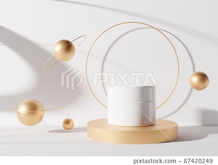 White and blank, unbranded cosmetic cream jar standing on golden podium with spheres. Skin care product presentation on white background. Luxury mockup. Jar with copy space. 3D rendering. 87420249