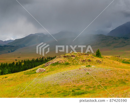Sun after the rain over the summer mountain plateau. Dramatic rainy alpine landscape in green valley and dark mountain sharps in low clouds. Atmospheric awesome view to pointy mountain in low clouds. 87420390