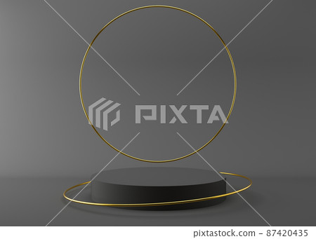 Gray podium with golden rings on the gray background. 3D rendering. Elegant podium for product, cosmetic presentation. Mock up. Pedestal or platform for beauty products. Empty scene. 87420435