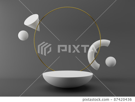 White podium with golden ring and flying white simple 3D forms on gray background. 3D rendering. Elegant podium for product, cosmetic presentation. Mock up. Pedestal or platform for beauty products. 87420436