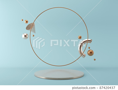 Podium with golden ring and flying, glossy metallic 3D forms on blue background. 3D rendering. Elegant podium for product, cosmetic presentation. Mock up. Pedestal or platform for beauty products. 87420437