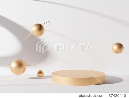 Golden round podium with spheres and shadows on white background. Elegant podium for product, cosmetic presentation. Mock up. Pedestal or platform for beauty products. Empty scene. 3D rendering. 87420440