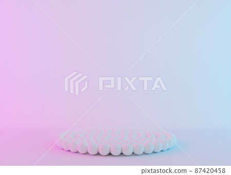 Podium with small balls on white background with neon lights. Modern podium for product, cosmetic presentation. Mock up. Pedestal or platform for beauty products. Empty scene. 3D rendering. 87420458