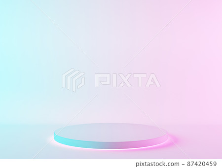 Simple, round podium on white background with neon lights. Modern podium for product, cosmetic presentation. Mock up. Pedestal or platform for beauty products. Empty scene. 3D rendering. 87420459