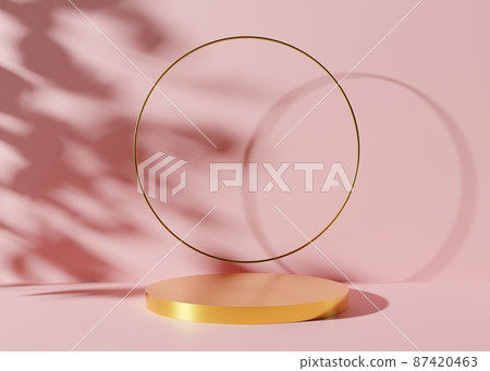 Podium with golden ring and leaves shadows on the pink background. 3D rendering. Elegant podium for product, cosmetic presentation. Mock up. Pedestal or platform for beauty products. 87420463