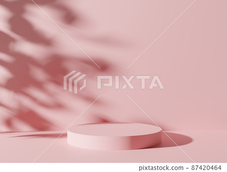 Pink podium with leaves shadows on the pink background. Elegant podium for product, cosmetic presentation. Mock up. Pedestal or platform for beauty products. Empty scene. 3D rendering. 87420464