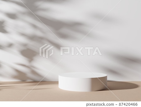 White round podium with shadows of leaves on white background. Natural podium for product, cosmetic presentation. Mock up. Pedestal or platform for beauty products. Empty scene. 3D rendering. 87420466