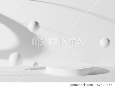 White round podium with spheres and shadows on white background. Elegant podium for product, cosmetic presentation. Mock up. Pedestal or platform for beauty products. Empty scene. 3D rendering. 87420467