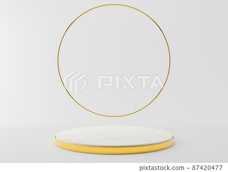 Marble podium with golden ring on the white background. Elegant podium for product, cosmetic presentation. Luxury mock up. Pedestal or platform for beauty products. Empty scene. 3D rendering. 87420477