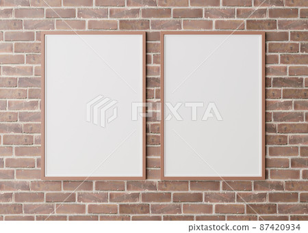 Two blank vertical picture frames hanging on brown brick wall. Template, mock up for your picture or poster. Copy space. 3D rendering. Two blank vertical picture frames hanging on brown brick wall. Template, mock up for your picture or poster. Copy space. 3D rendering. 87420934
