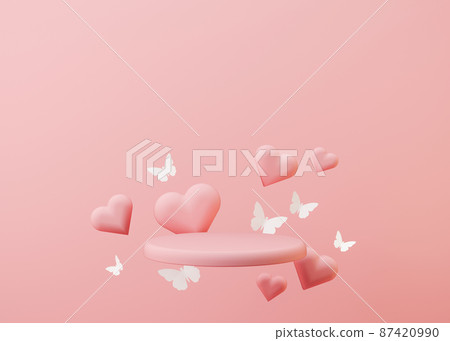 Pink podium with flying hearts and butterflies. Women's Day, Mother's Day, Wedding, Anniversary. Platform for product, cosmetic presentation. Mock up. Pedestal for beauty products. 3D rendering. 87420990