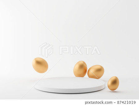 Simple, round podium on white background with golden Easter eggs. Modern podium for product, cosmetic presentation. Easter mock up. Pedestal or platform for beauty products. Empty scene. 3D rendering. 87421019