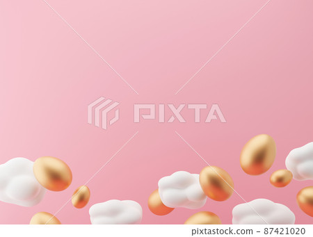 Golden Easter eggs and white clouds on pink background. Easter backdrop with free space for text, copy space. Postcard, greeting card design template. 3D illustration. 87421020