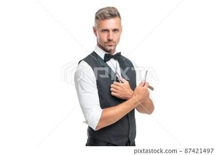 hoary man hairdresser with razor blade and scissors in bow tie isolated on white background 87421497