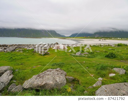 Tent on sea shore, Lofoten Norway Tent on sea shore, Lofoten Norway 87421792