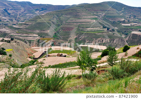 中國甘肅省黃土高原梯田耕耘通天 中國甘肅省黃土高原梯田耕耘通天 87421900